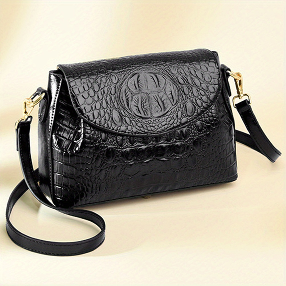 Black croc embossed cheap boxy cross body bag