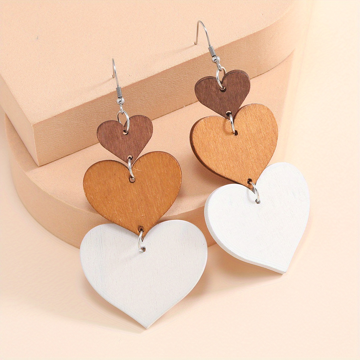 Exaggerated Fashion Creative Cute Wooden Splicing Love Gradient Pendant Earrings