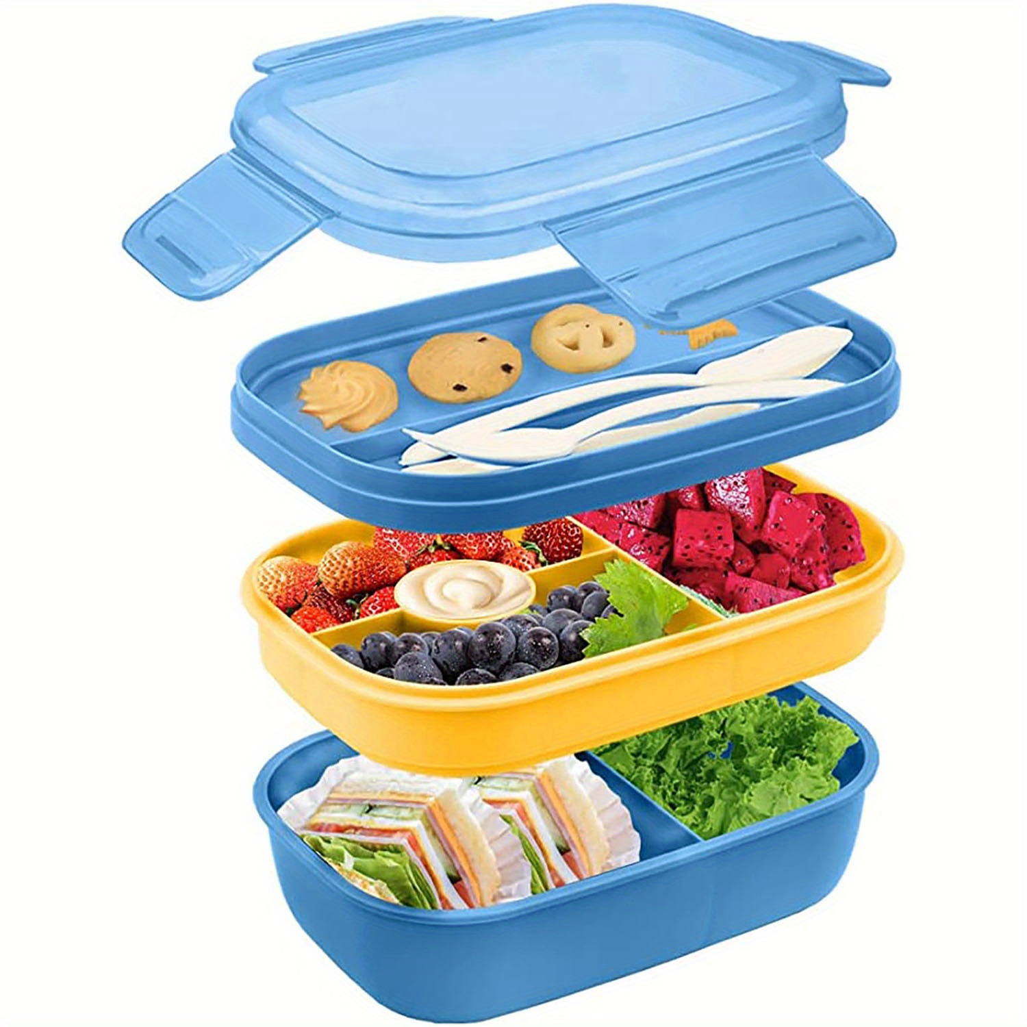 1pc Double Layer Blue Bento Box For Kids, Students And Adults