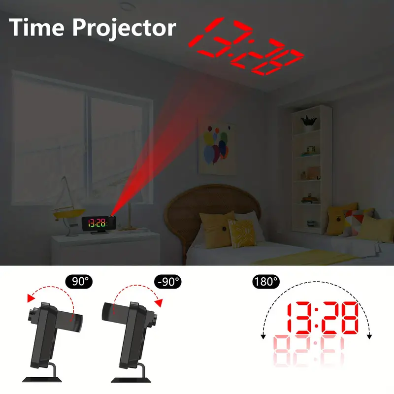 Tnfeeon Reloj despertador de proyección para dormitorio, reloj digital LED  de proyección en la pared del techo, proyector de 180°, cargador USB, reloj