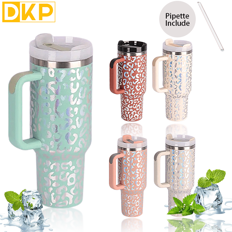 40 oz Stainless Steel Tumbler with handle Eucalyptus Leopard