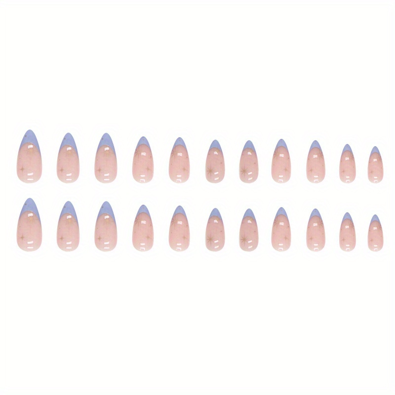 24pcs blue french tip fake nails nude pink press on nails with golden star design glossy full cover medium almond false nails for women and girls details 3