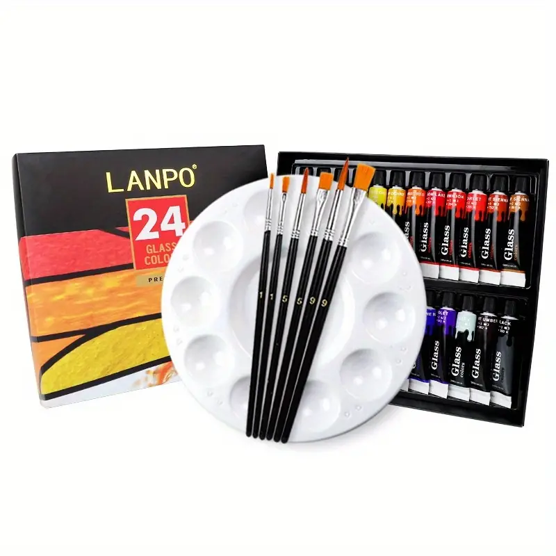 LANPO Acrylic Glass Paint Set With 6 Brushes, 1 Palette, 12/24 Colors Stain  Glass Paints For Wine Glass, Bulb, Waterproof Acrylic Enamel Paint Kit To