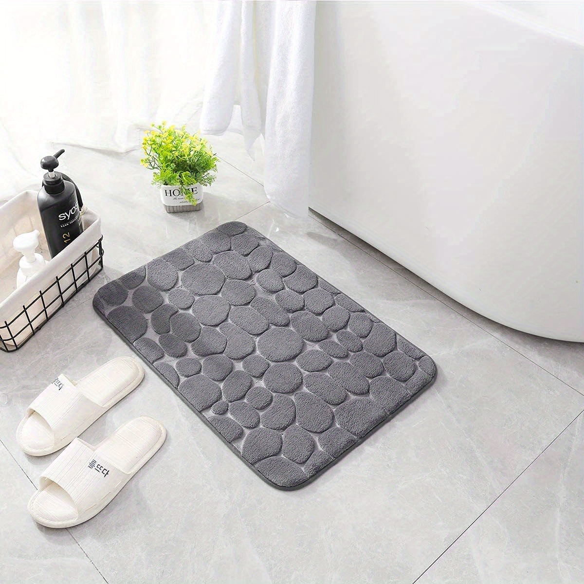 1pc memory foam bath rug cobblestone embossed bathroom mat rapid water absorbent and washable bath rugs non slip thick soft and comfortable carpet for shower room bathroom accessories details 3