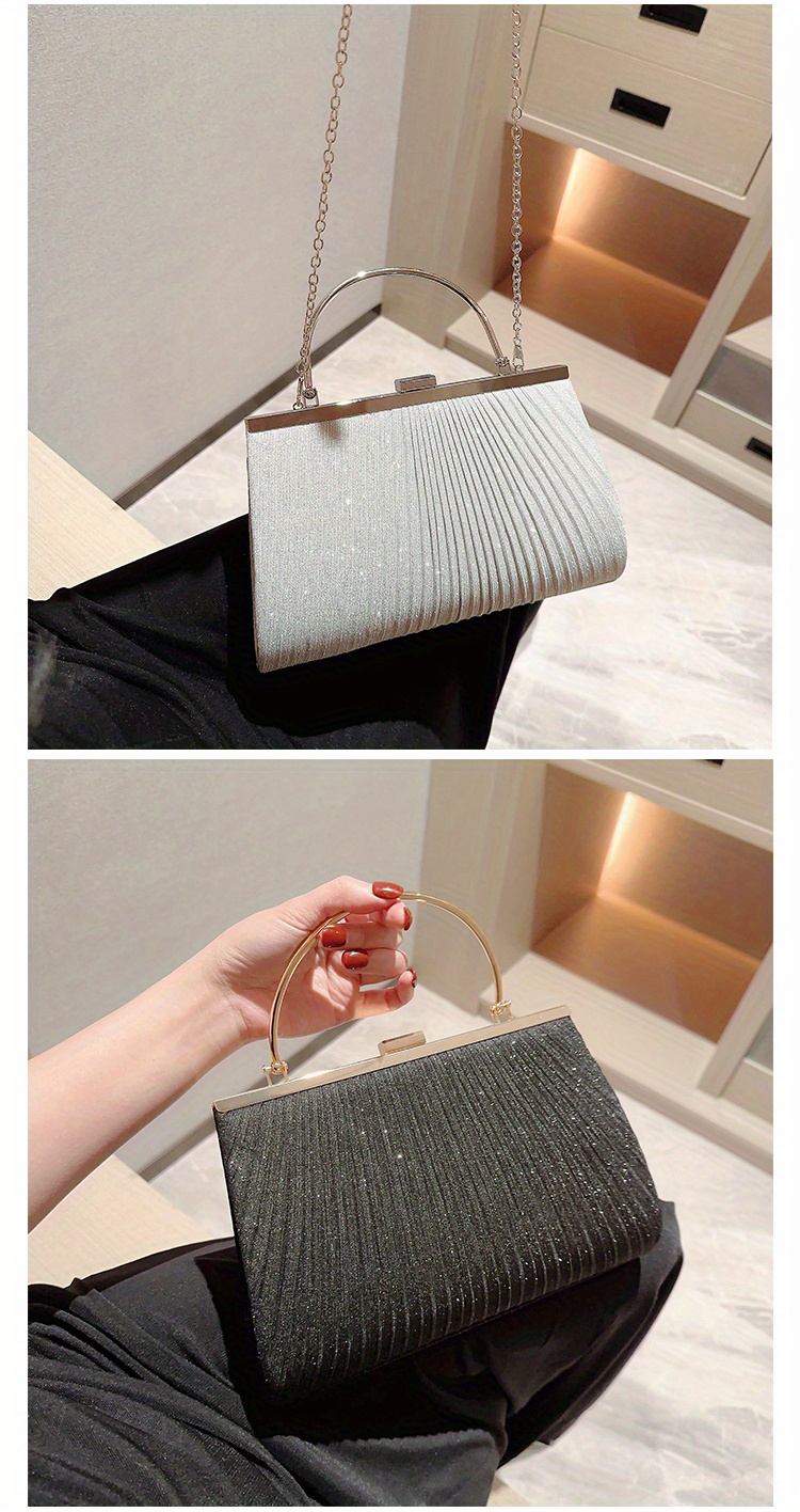 Metal Handle Chain Pleated Clutch Bag, Elegent Textured Cloth Frame Bag,  Classic Celebrity Dinner Evening Bag