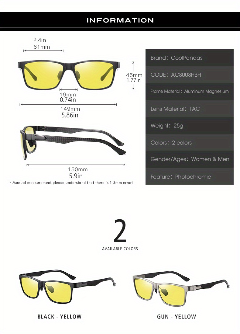 Carbon Fiber Square Photochromic Polarized Sunglasses Men And Women Day  Night Vision Safe Driving Sun Glasses Driver Goggles Eyewear, Shop On Temu  And start Saving
