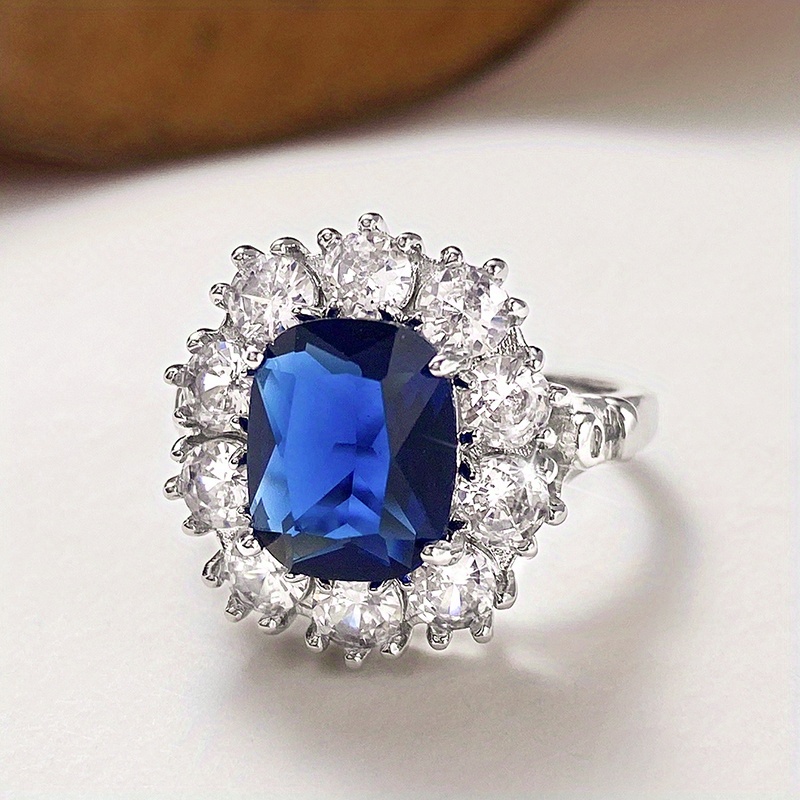 Image of Wedding Rings For Women Claw Setting Oval Blue Synthetic Zirconia Side Stone Synthetic Zirconia Rings Bridal Proposal Romantic Jewelry