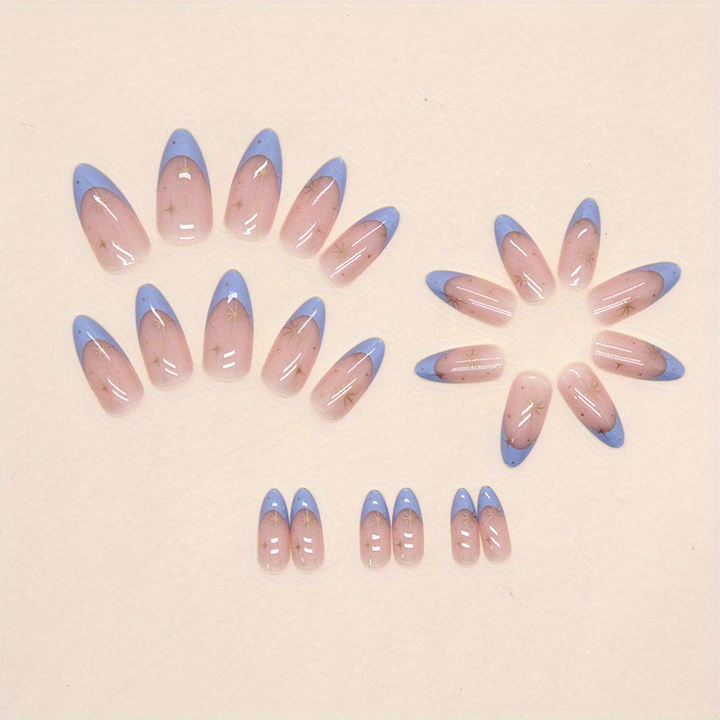 24pcs blue french tip fake nails nude pink press on nails with golden star design glossy full cover medium almond false nails for women and girls details 1