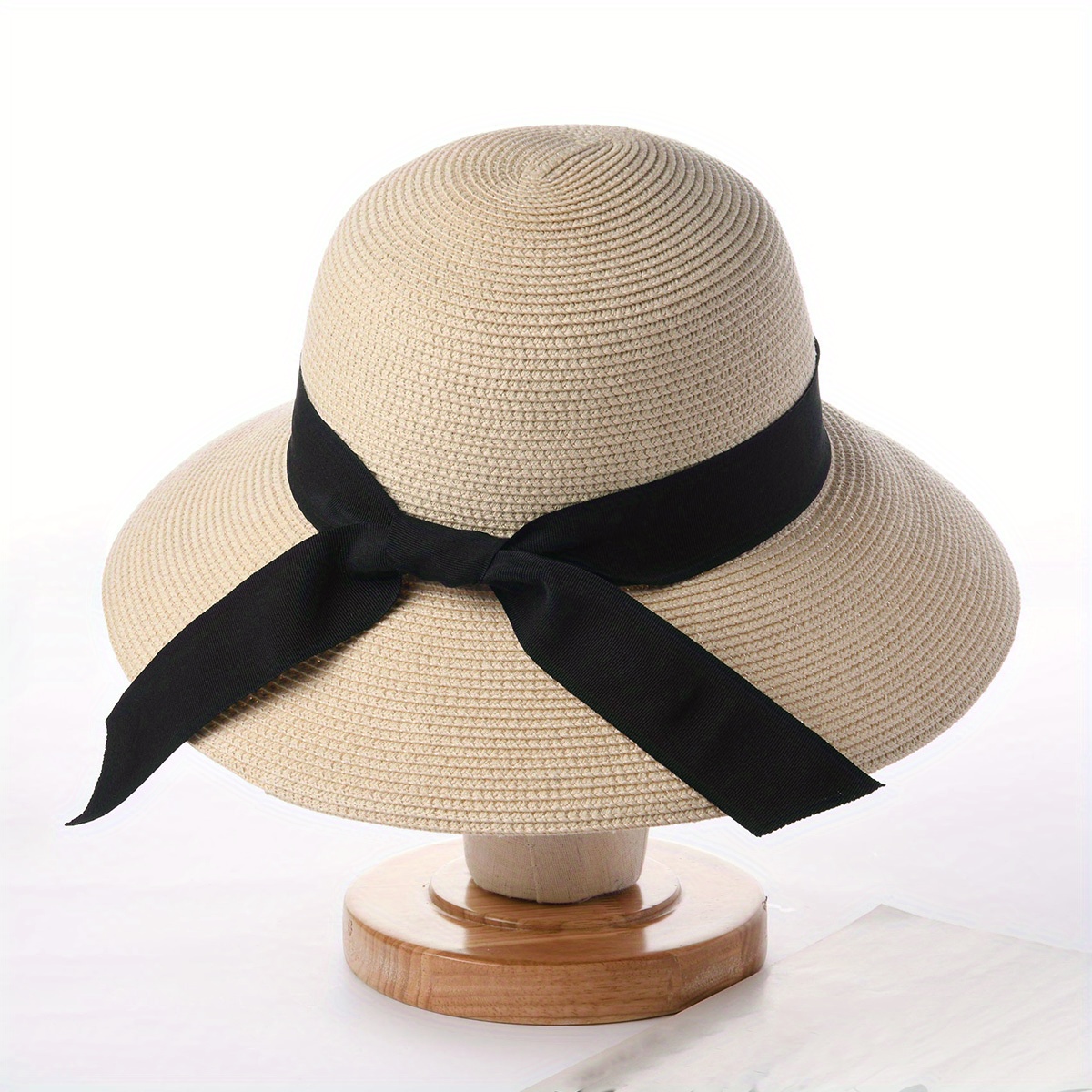 Sun Hats Woman Straw Gauze Bow Ribbon Large Brim Sunshade Outing Fashion  Beach Holiday Hat (Color : Beige, Size : One Size)