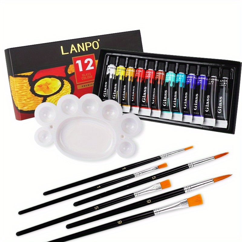 LANPO Acrylic Glass Paint Set With 6 Brushes, 1 Palette, 12/24 Colors Stain  Glass Paints For Wine Glass, Bulb, Waterproof Acrylic Enamel Paint Kit To