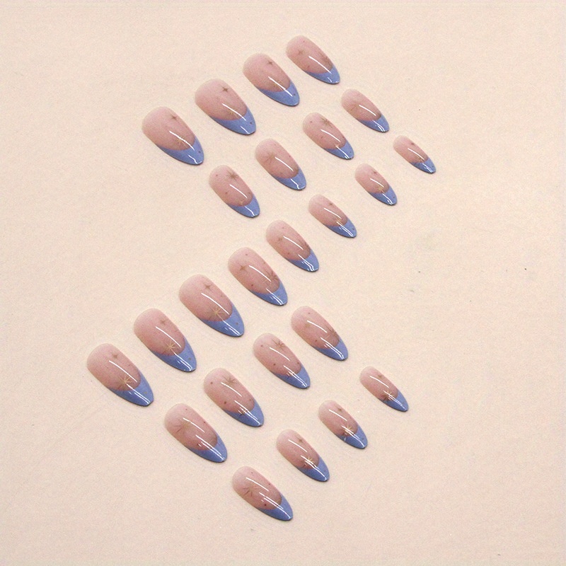 24pcs blue french tip fake nails nude pink press on nails with golden star design glossy full cover medium almond false nails for women and girls details 2