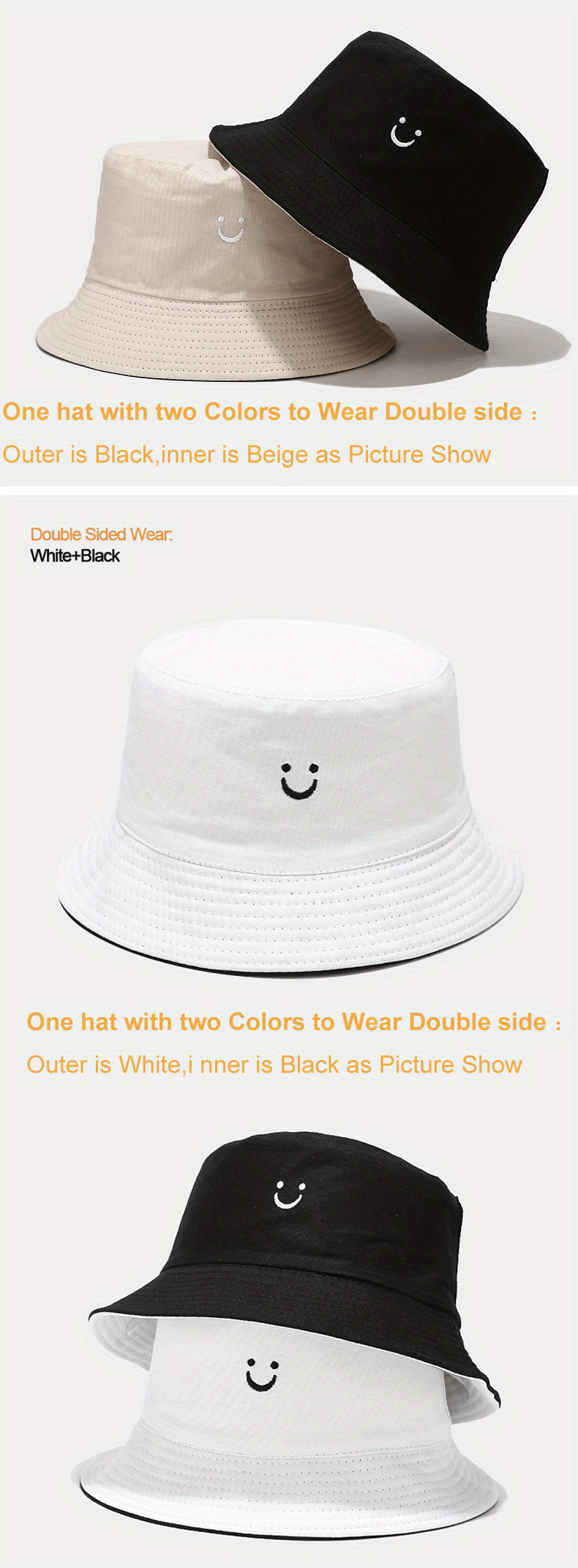 czzstance Smile Face Bucket Hat for Men Summer Travel Bucket Beach Sun Hat  Embroidery Outdoor Cap for Men Women