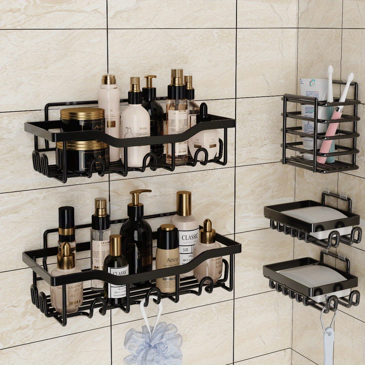 Organizador de estante de ducha (paquete de 2) con 2 jaboneras, accesorios  de baño negros adhesivos con ganchos, accesorios de almacenamiento de ducha