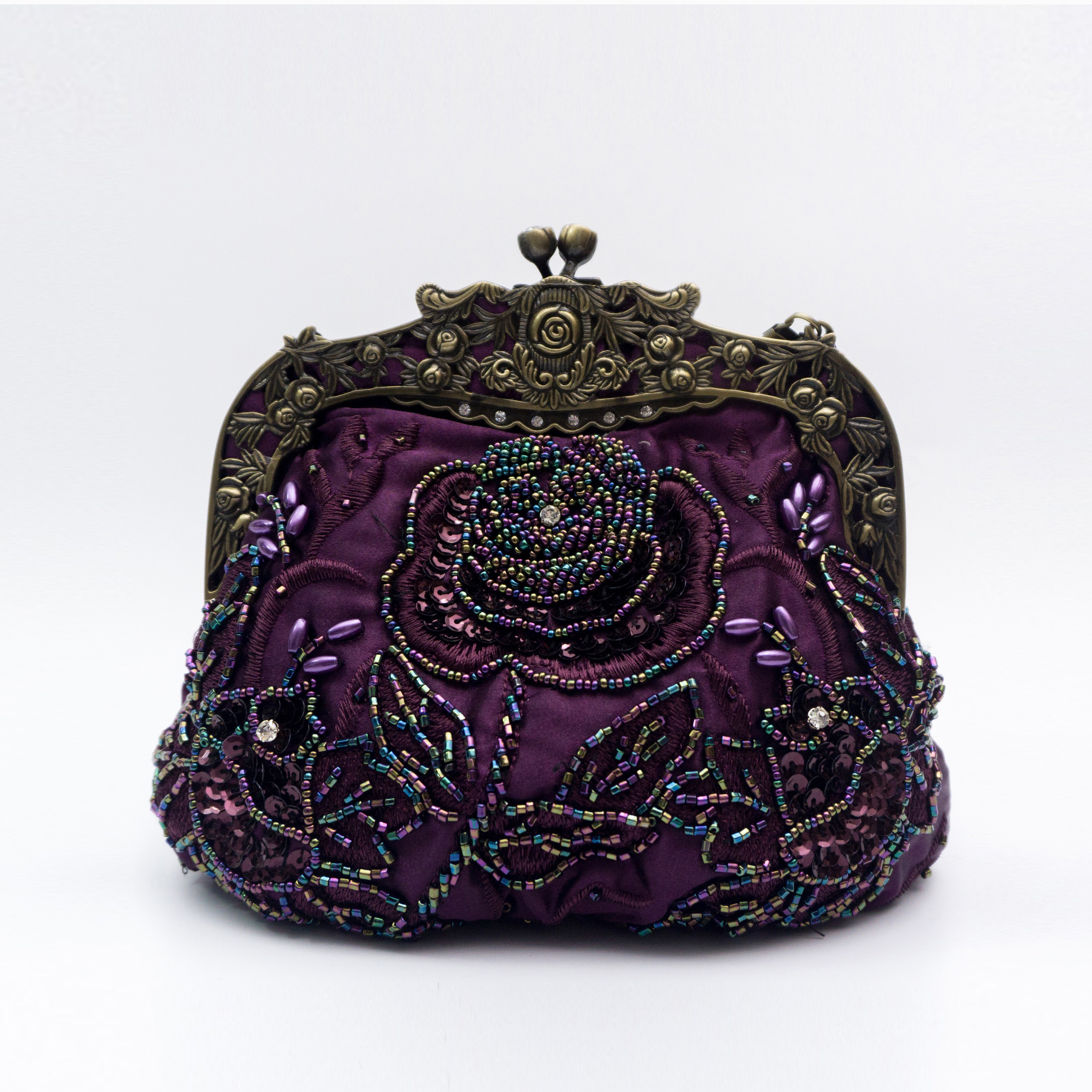 Purple maroon silk evening bag, embroidered pink floral clutch bag