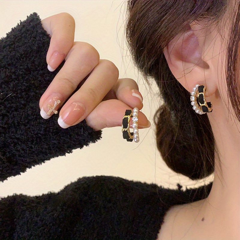 Image of 1 Pair Elegant Hoop Earrings, Double Layer Black Velvet With Rhinestone Embellishments, Pearl Accents, Alloy & Stainless Steel Ear Needle, Versatile For Daily And Vacation Wear
