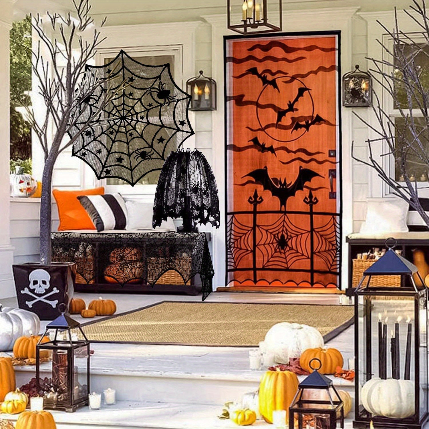 Halloween Spider Web Lampshade – 20" X 60" Black Lace Cover With Bats & Skulls, For Indoor/Outdoor Table & Ceiling Decor