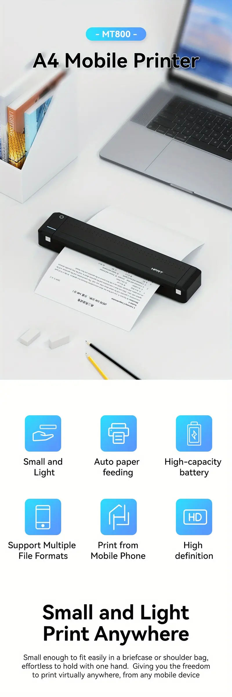 ABD MT800Q Super Compact USB Bluetooth 300 dpi Imprimante portable à  transfert thermique A4