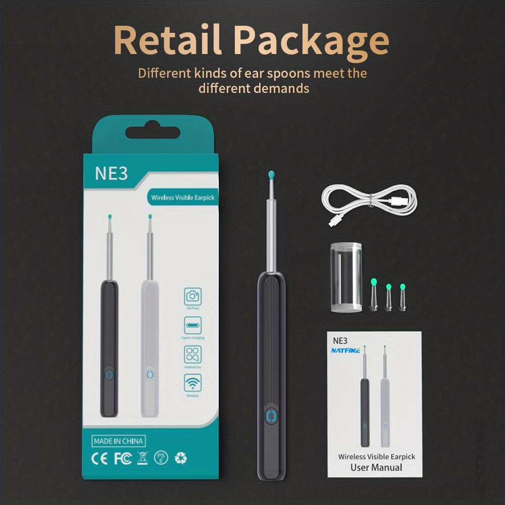 NE3 Smart Earwax Removal 1296P Ear Sticks Otoscope USB C Charging Endoscope  Wax Removal Tool With Camera LED Light Wireless Ear Cleaning Kit, Waterpro