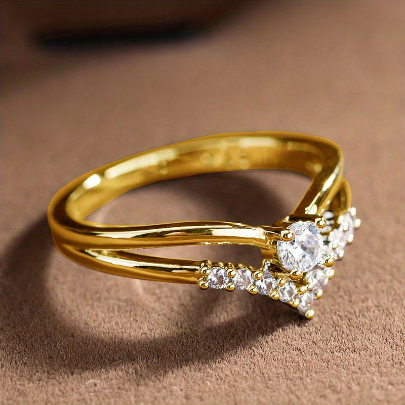 V Shaped Sparkling Zirconia Ring, Heart Wedding Jewelry