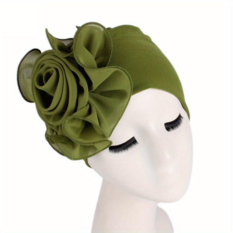 TEMU Women's Elastic Polyester Beanie With Flower Accent, Stretchy Turban Hat, Chemo , Bandana, African Head Wrap, No Feathers, King Size