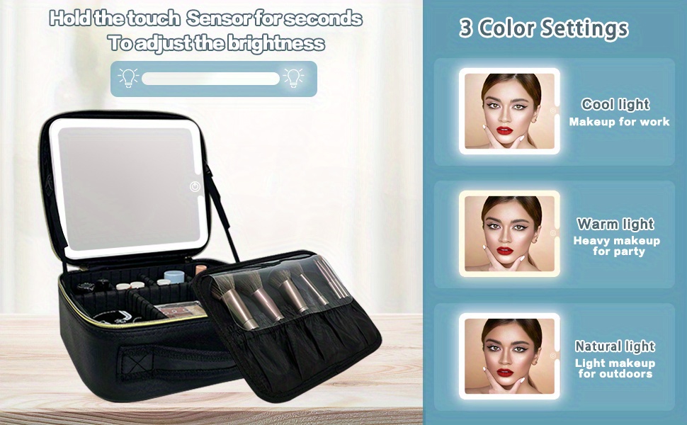 Makeup Bag with Mirror of LED Lighted, Makeup Train Case with Adjustable  Dividers, Makeup Case with Mirror