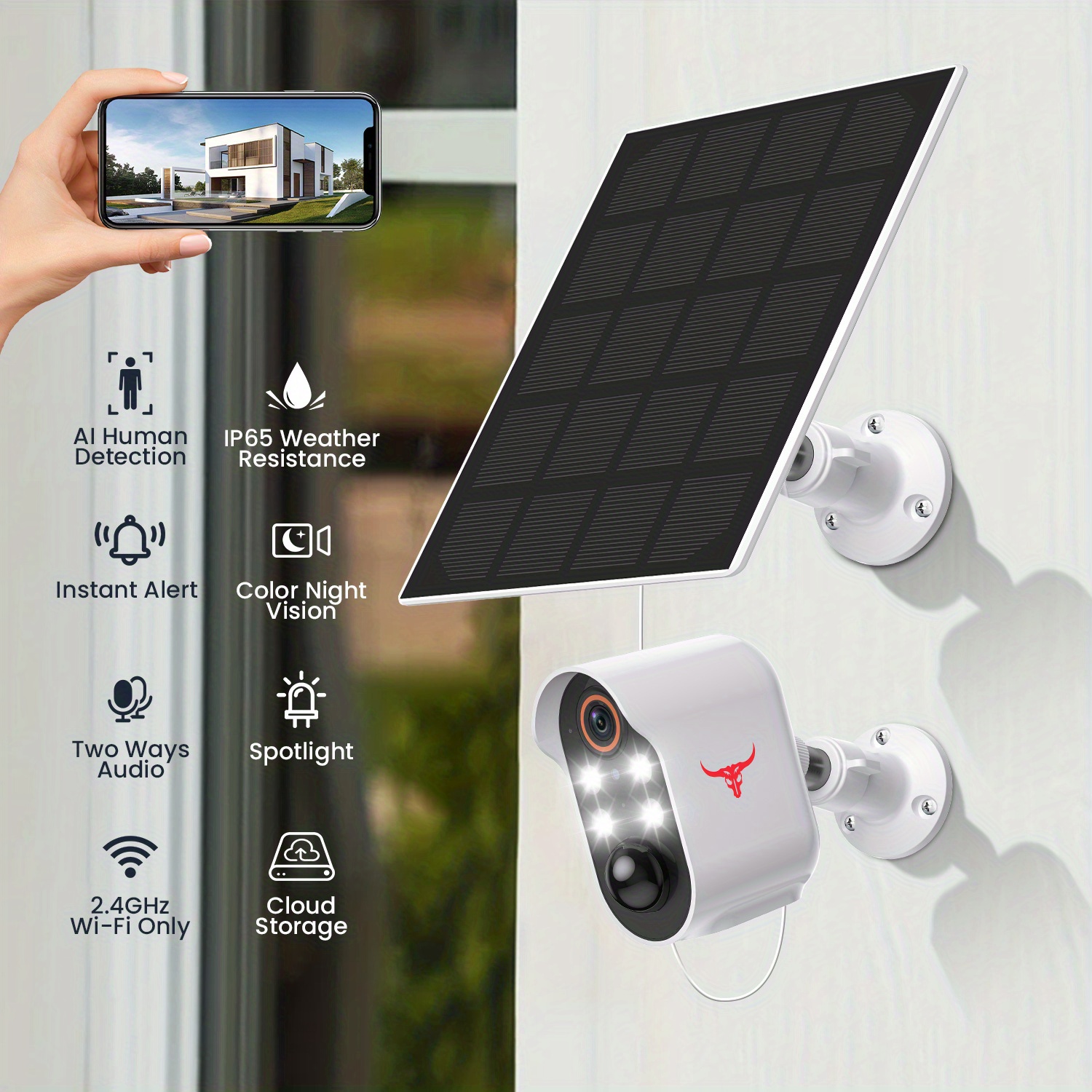 24*7 Continuous Recording WiFi Solar Security Camera System Solar Camera PIR Human Sensor + 2-Way Audio Built-in Battery 28800mAh 2K Infrared Night