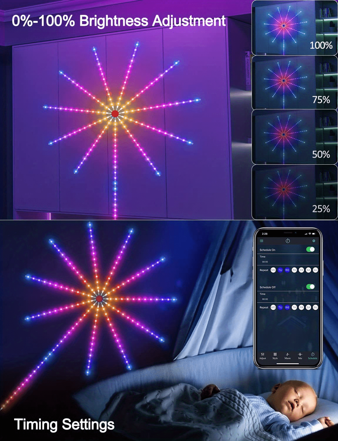 1 pack smart firework led lights rgb dream color led lights for bedroom led strip lights with 2 4g remote app control color changing music sound sync light for bedroom christmas decorations details 5