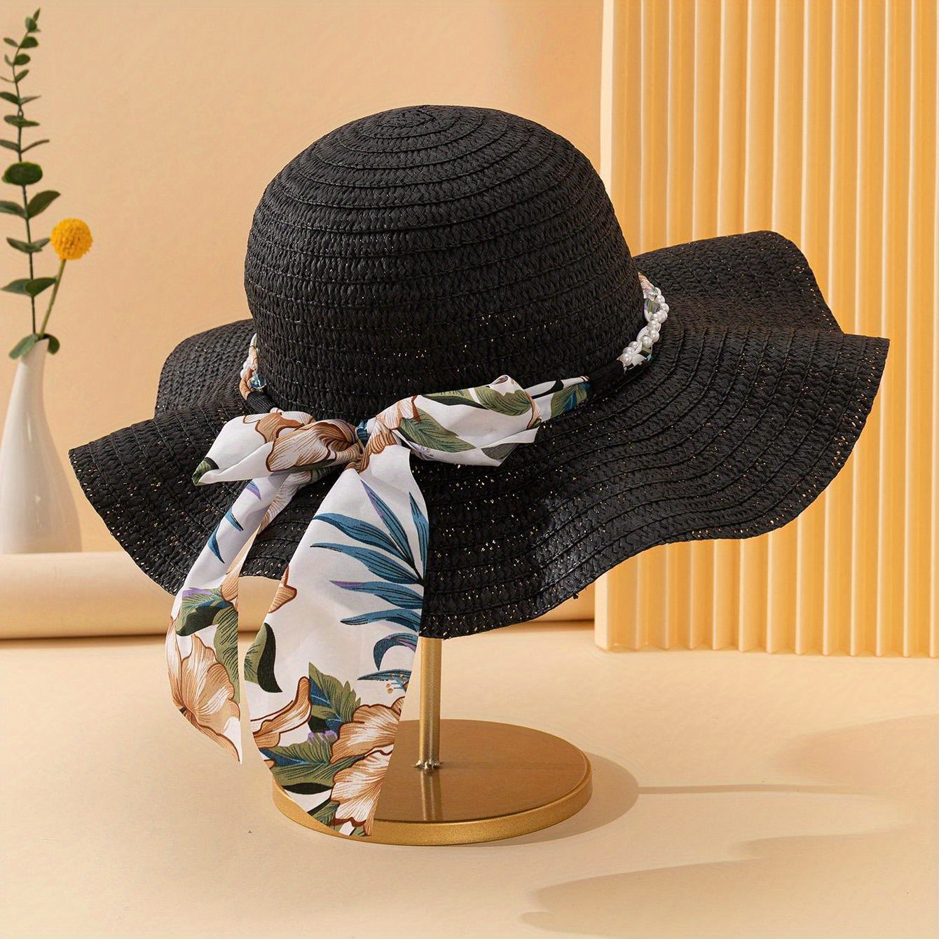 Women's Sun Hat Plant Print Faux Pearl Detail Bow Decoration - Temu