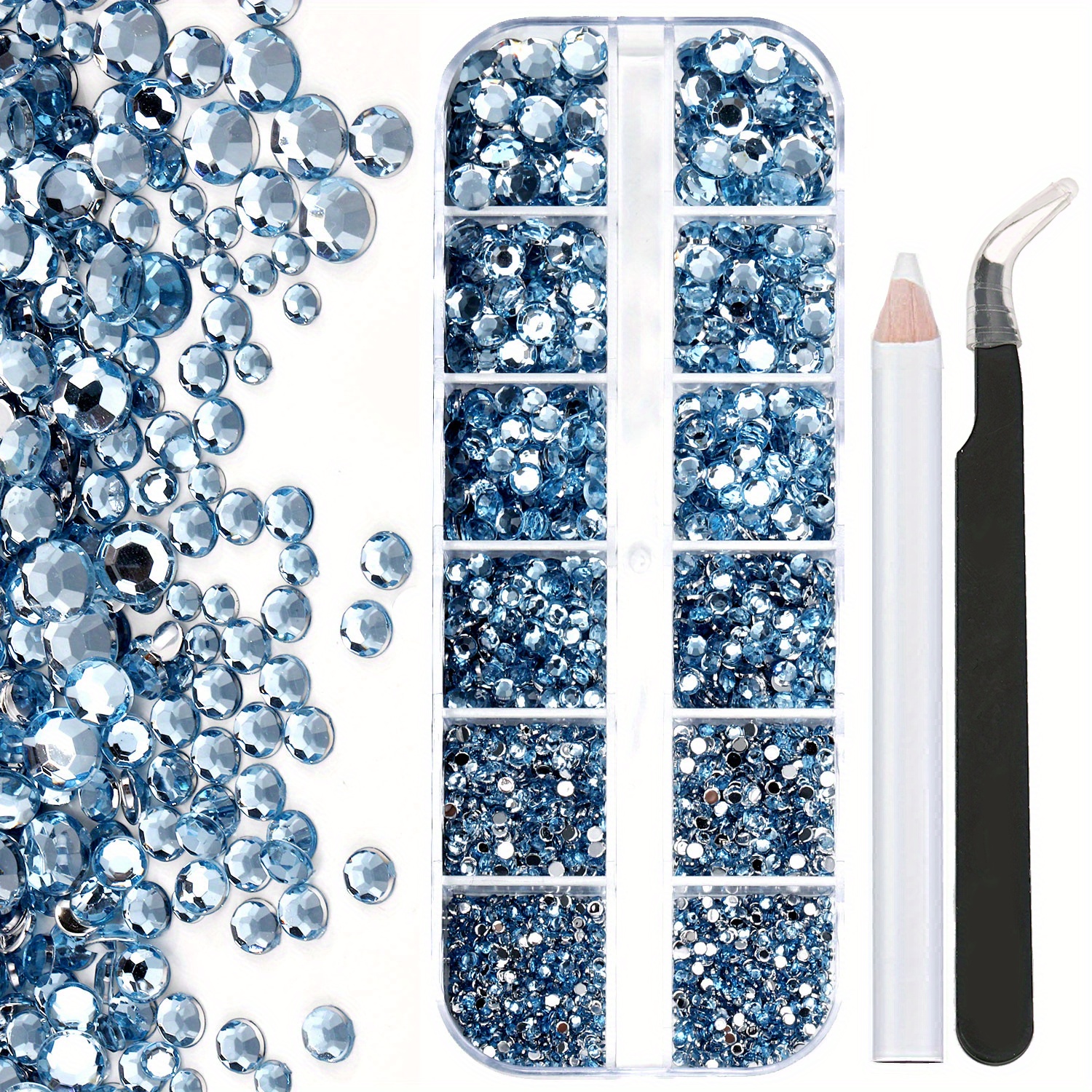 Over 3000 Pieces Flat Back Gems Nail Art Assorted Shapes Rhinestones 6 Sizes (1.5-6 mm) + Pick Up Tweezer, Pick Up Pencils for Crafts Face Jewels