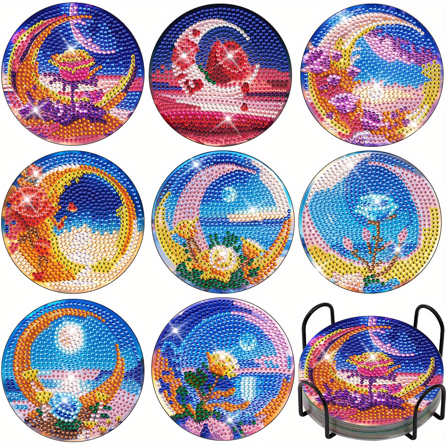 8pcs Sunrise Diamond Painting Coaster Flowers 5D Diamond Painting Coaster  Kit Diamond Art Coaster With Stand Diamond Painting Kit For Adults Beginners