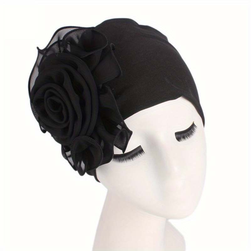 E-shop Damen Elastische Polyester Beanie mit Blumenakzent, Dehnbarer Turban Hut, Chemo Cap, Bandana, Afrikanische Kopftuch, Keine Federn, King Size