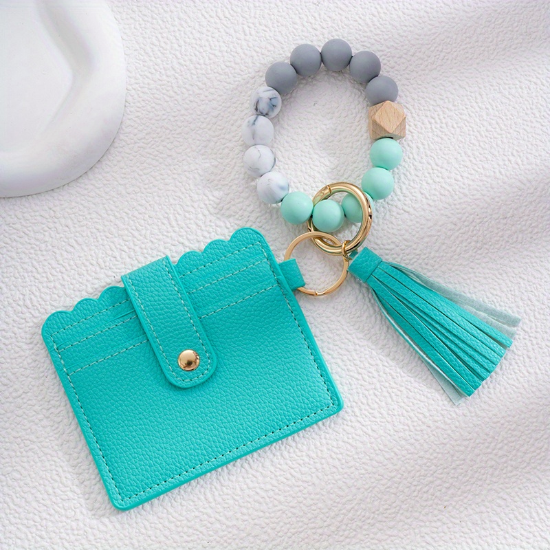 Men's Silicone Bead Bracelet Card Holder Pu Tassel Keychain - Temu