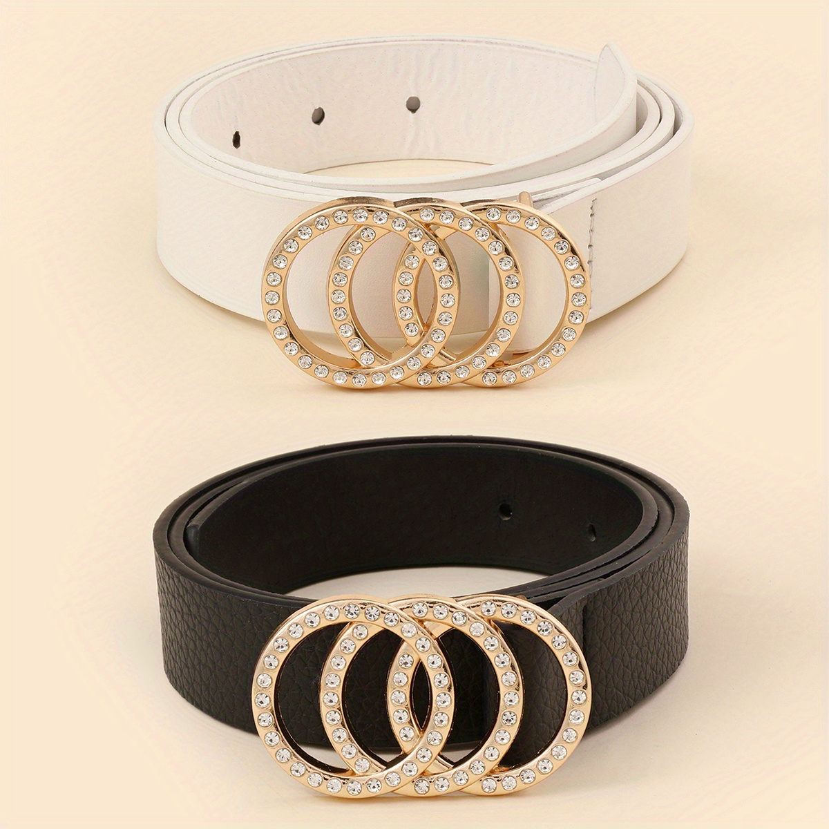 TEMU 2 Pièces/ensemble Strass Boucle Ceinture Couleur Unie Décontracté Mince Ceinture Classique Jean Pantalon Ceinture Décorative Robe Ceinture Pour