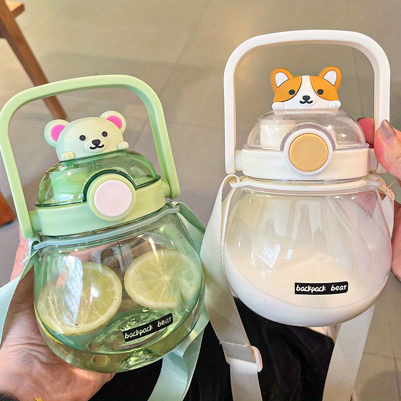 leak proof cute bear/corgi water bottle straw strap girls - Temu