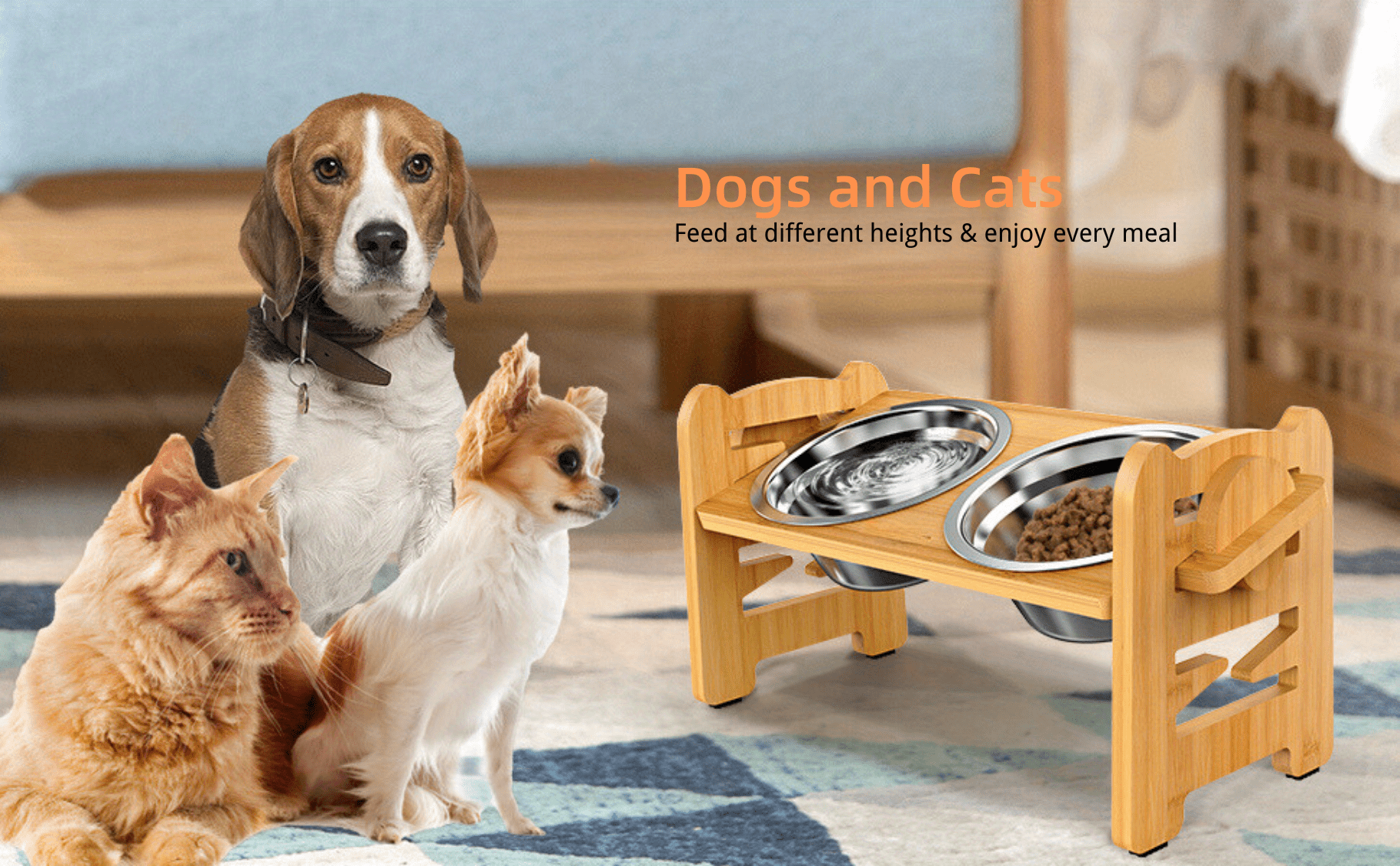 Semiocthome Elevated Dog Bowls for Small and Medium Size Dog, Bamboo Raised  Cat Food Bowl Holder with Metal Frame, Adjustable Dog Bowl Stand with 2
