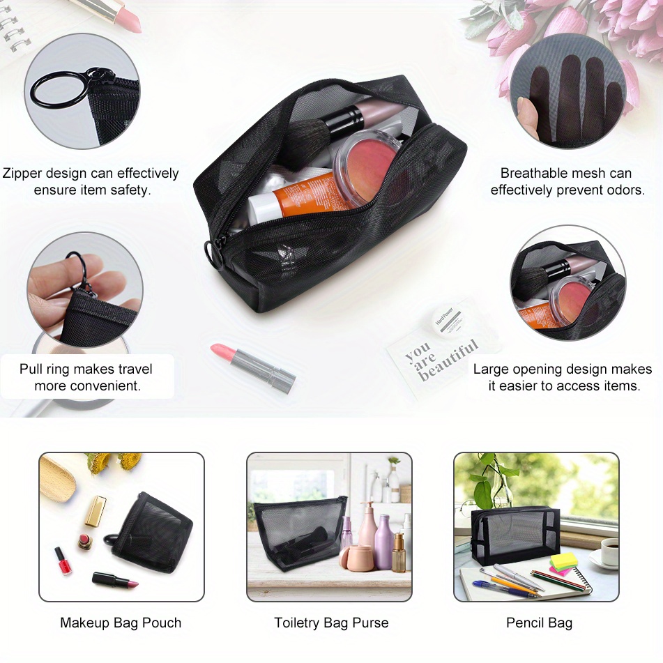 1pc/3pcs Mesh Cosmetic Bag, Portable Travel Storage Bag, Casual Zipper Travel Accessories