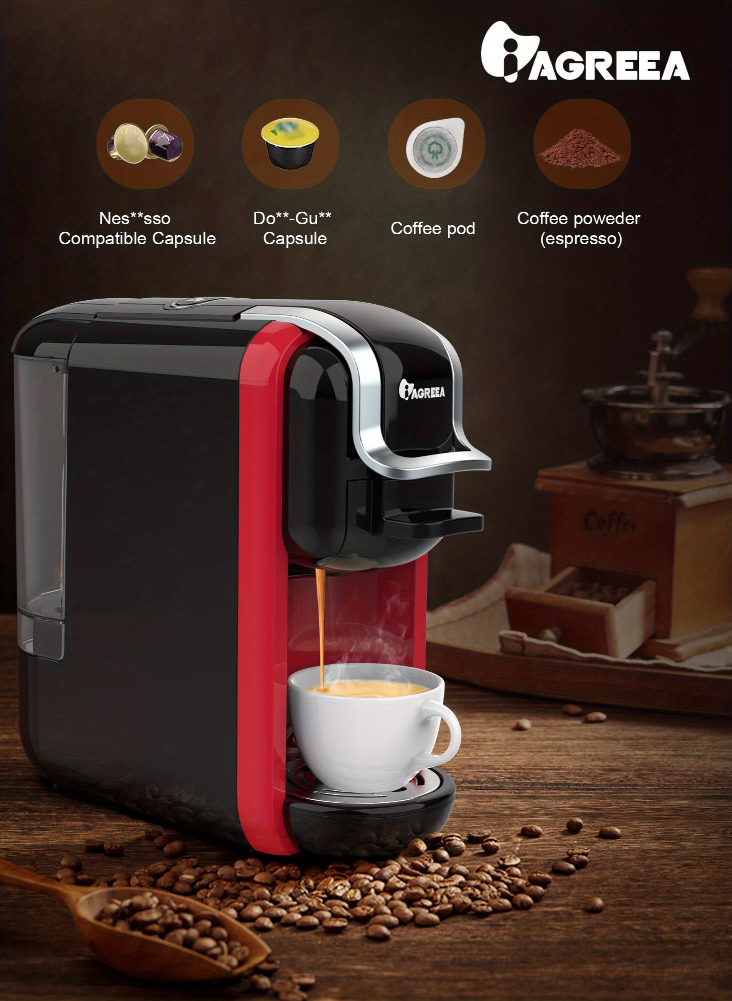 Compact Coffee Maker for Single Pods, HiBREW 5-in-1 Espresso Machine for  K-cup*/Nes* Original/DG*/ESE Pod/Espresso Powder Compatible, Cold/Hot Mode