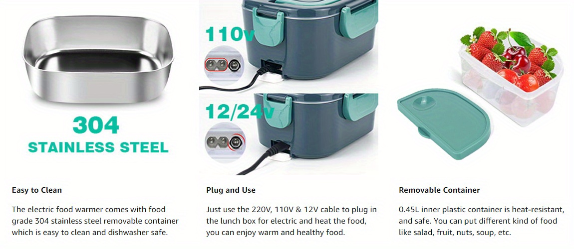 1pc US Plug 110V/12V 1.5L Electric Lunch Box Food Warmer Set