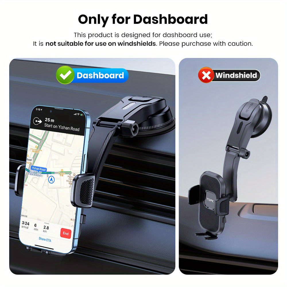 TOPK D38-C Car Phone Holder Mount, Upgraded Adjustable Horizontally And  Vertically Cell Phone Holder For Car Dashboard Compatible With All Phones