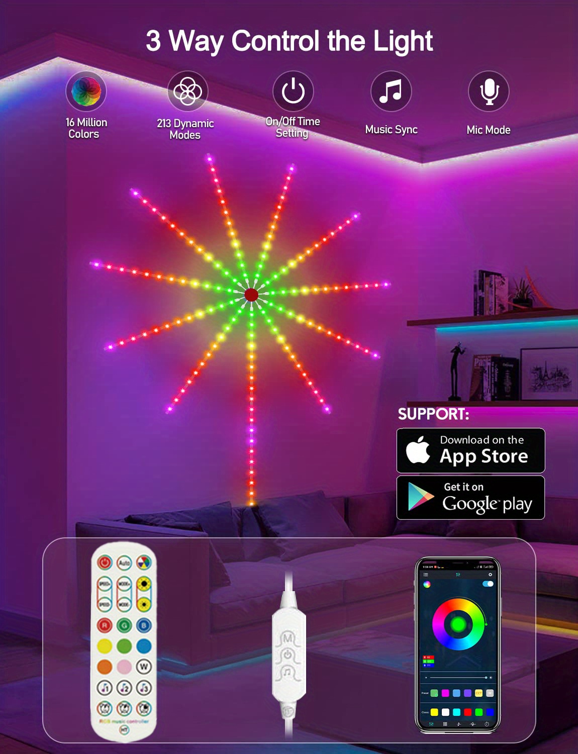 1 pack smart firework led lights rgb dream color led lights for bedroom led strip lights with 2 4g remote app control color changing music sound sync light for bedroom christmas decorations details 1