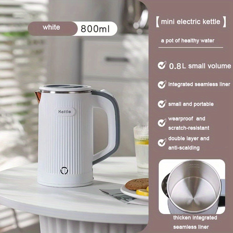 Small Kettle Electric, 0.8L Double Wall Portable Travel Kettle with 304  Stainless Steel, 600W Mini Hot Water Boiler with Auto Shut-off, Fast Boil
