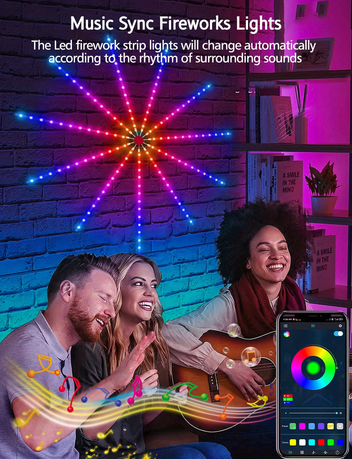 1 pack smart firework led lights rgb dream color led lights for bedroom led strip lights with 2 4g remote app control color changing music sound sync light for bedroom christmas decorations details 3