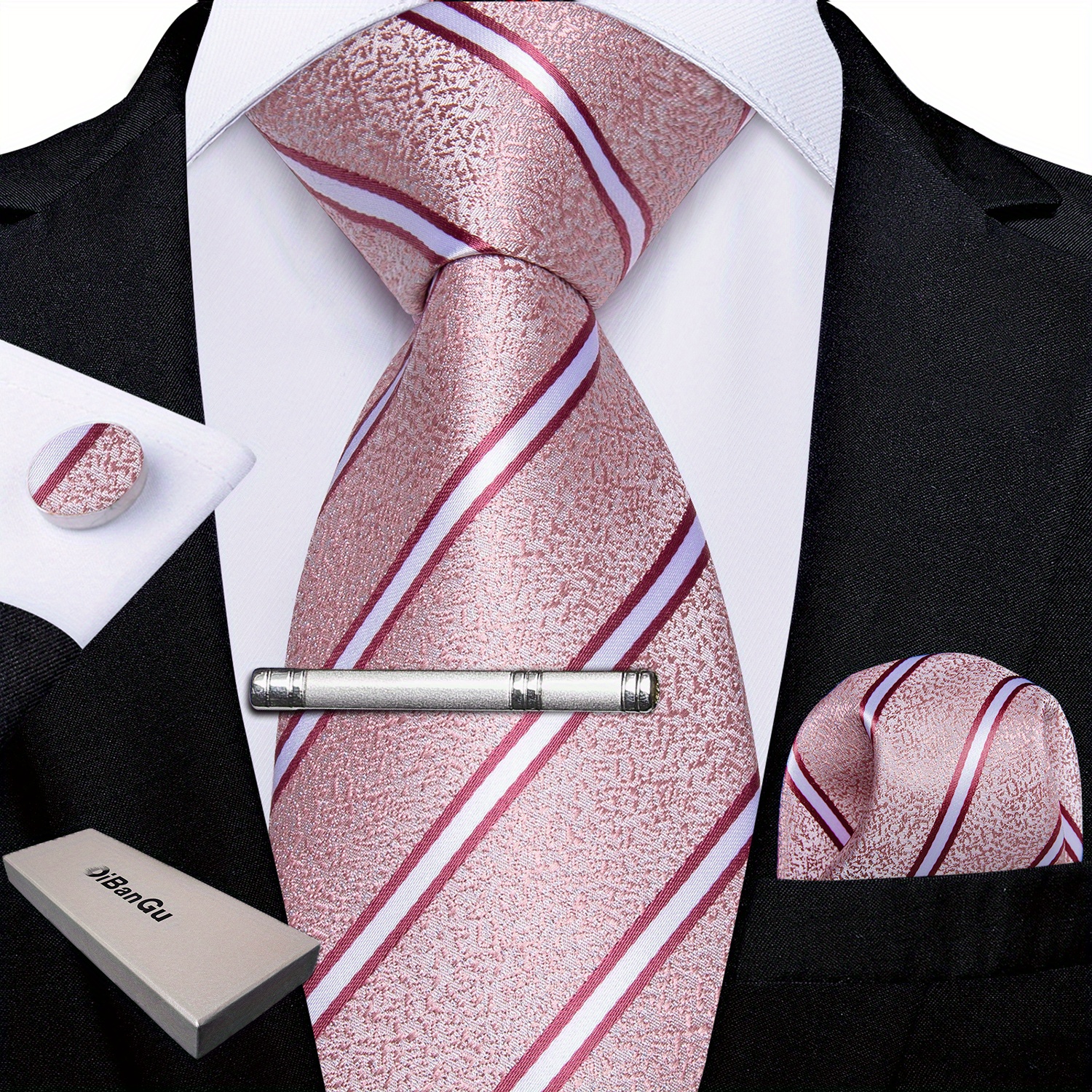 Men's Tie Set Striped Necktie Pocket Square Cufflinks Tie Clip Set