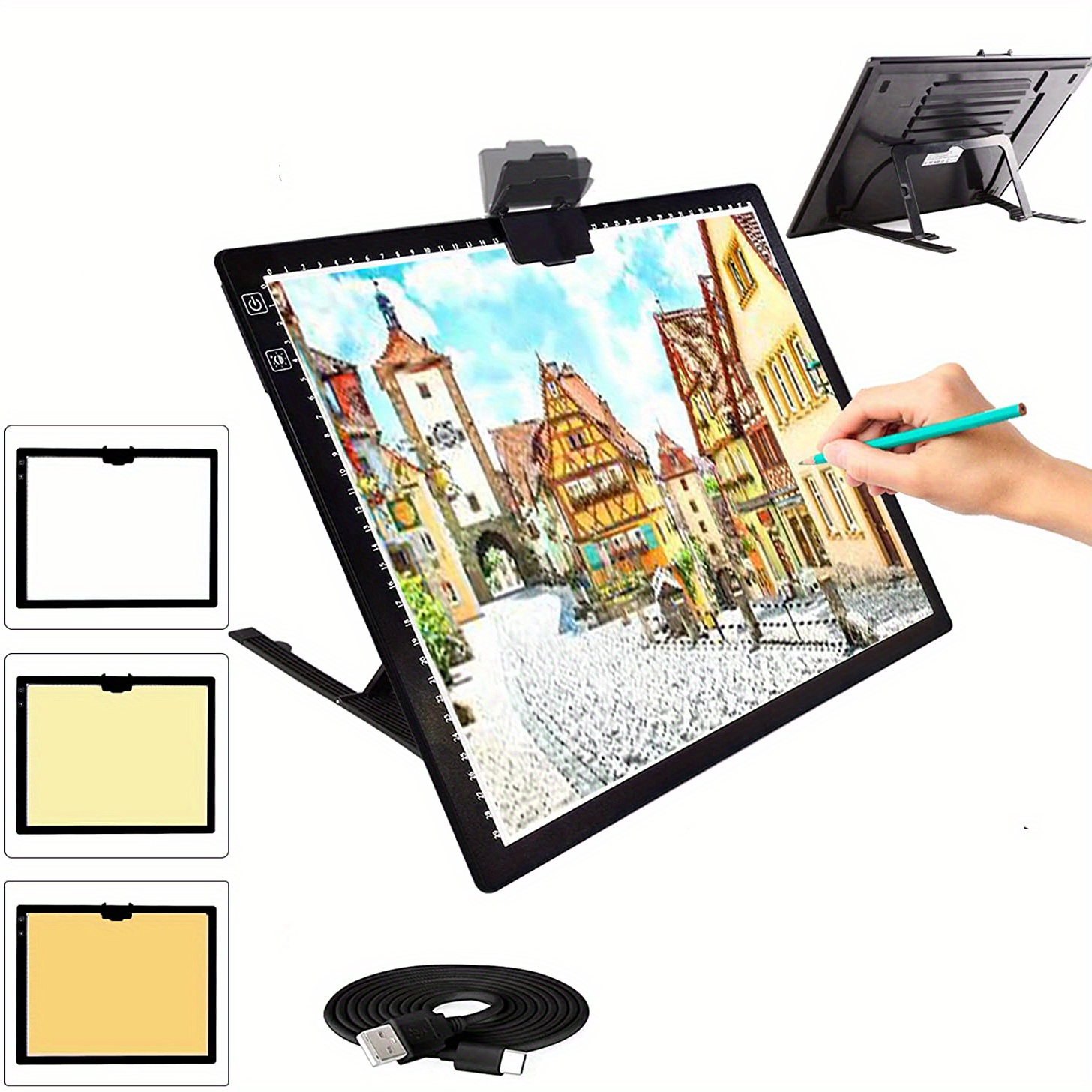 Portable A4 A3 LED Tracing Light Box with Scale,Art Light Pad Light Table  with Detachable Stand&4Clips,Adjustable Brightness,USB Power,Ultra-Thin  Copy Board for Diamond Painting Drawing Sketching