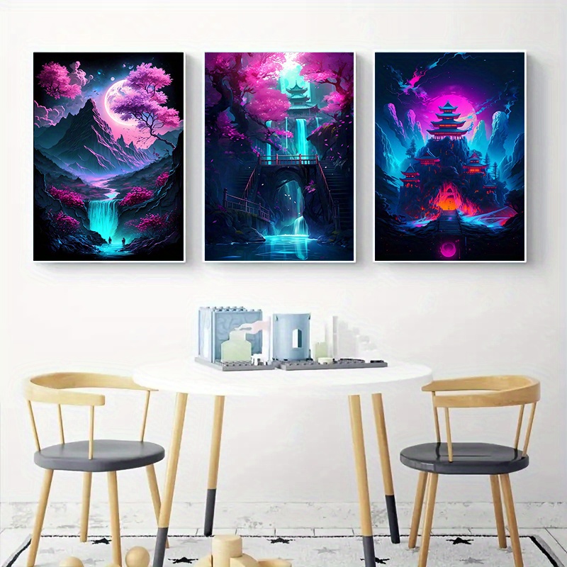Image of 3pcs Frameless Japanese Nature Landscape Wall Art Cherry Poster And Print Living Room Home Decor No Frame