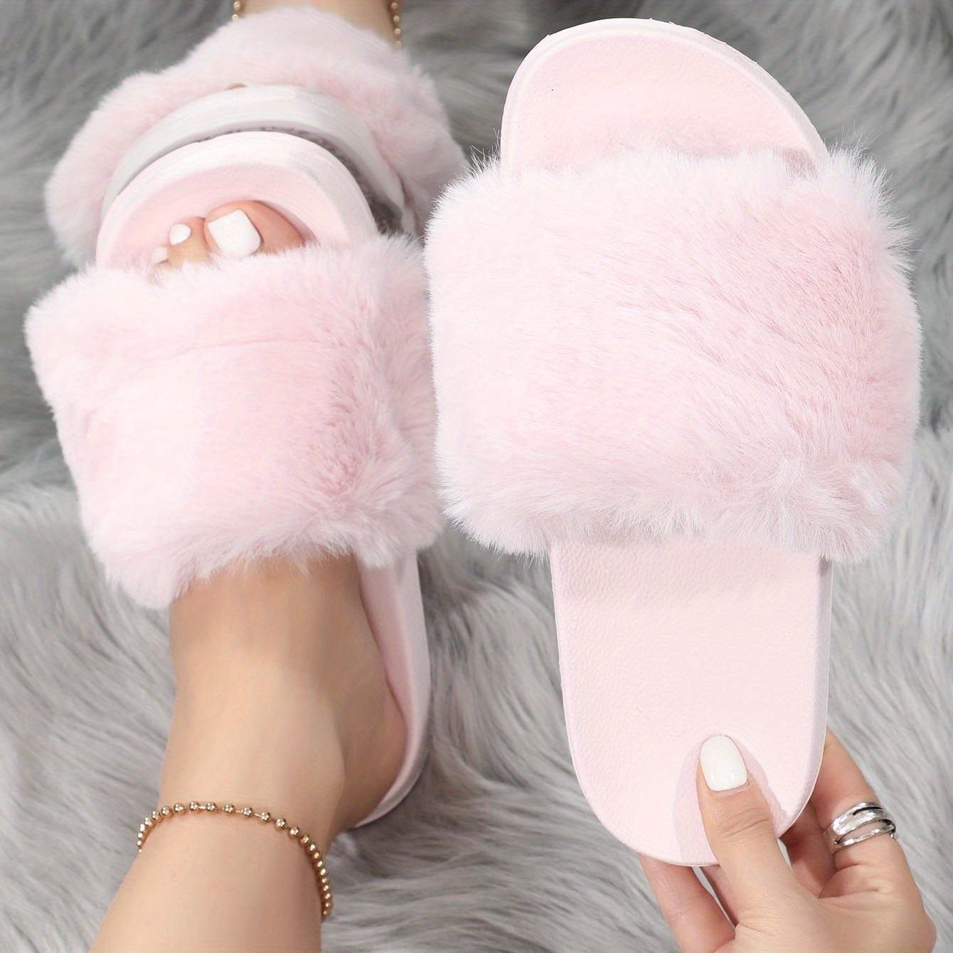 Women s Fluffy Flat Slippers Cozy Open Toe Plush Non Slip Temu