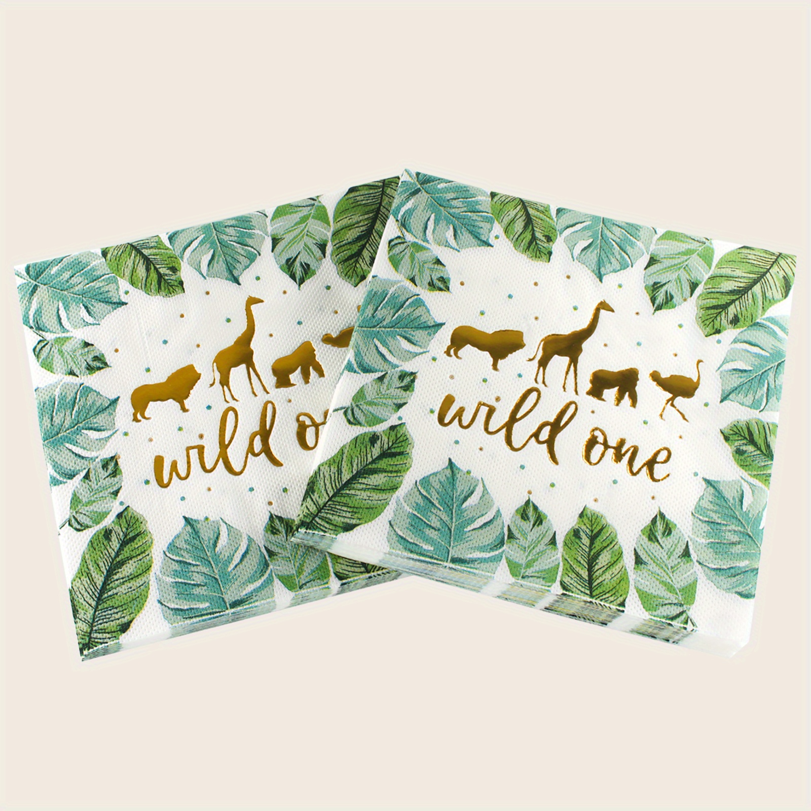 E-shop 20er-Pack Wild One Tier-Themen Einweg-Folien-Servietten, 2-lagig, 13"x13" - Dschungel- Partydekoration mit Giraffen- & Blatt-Designs, für