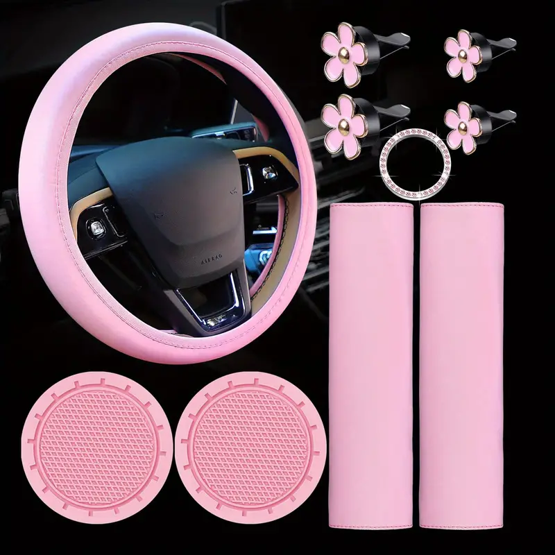 10pcs Leather Steering Wheel Cover Women Cute Car Accessories Set Seat Belt Covers  Car Coasters Bling Start Button Ring Air Vent Clip - Automotive - Temu
