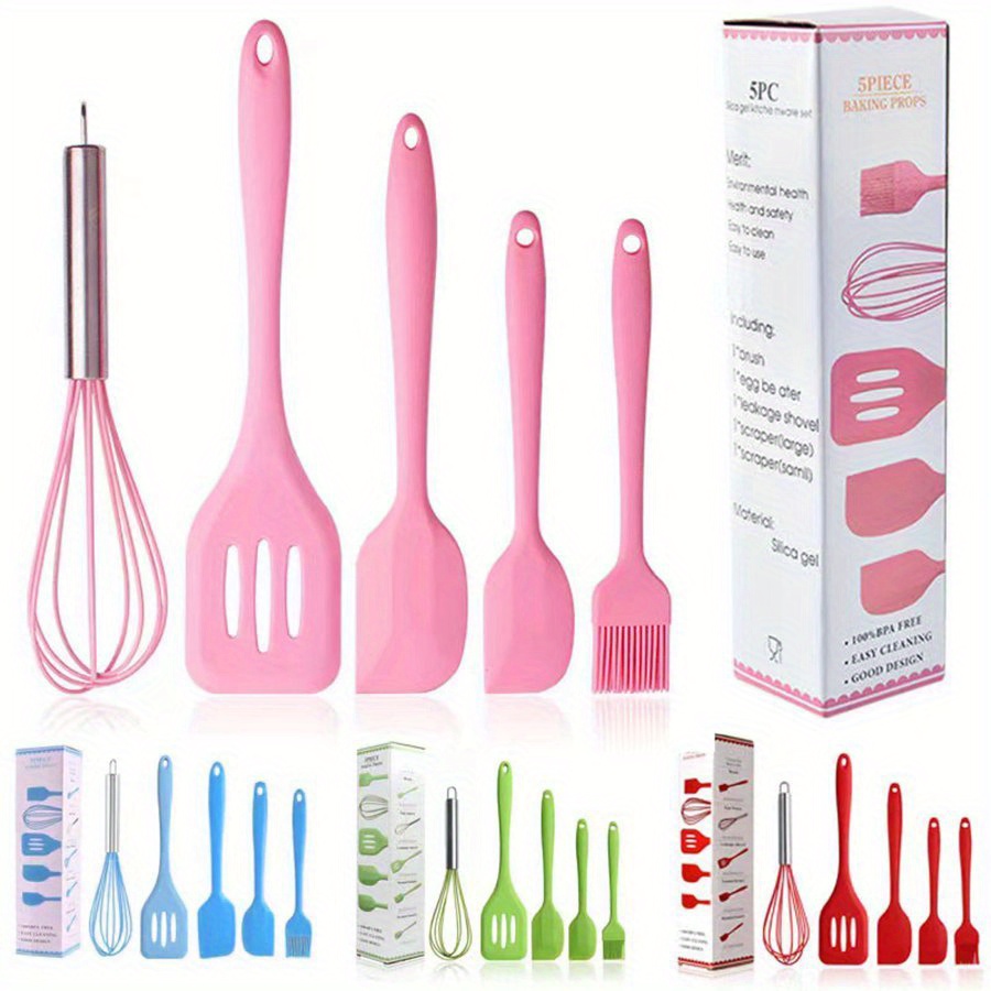 Silicone 5pcs Kitchen Utensils Tools Cooking Set Brush Egg Whisk Spatula  Kitchen Accessories Cooking Non\-Stick Small Spatula red 