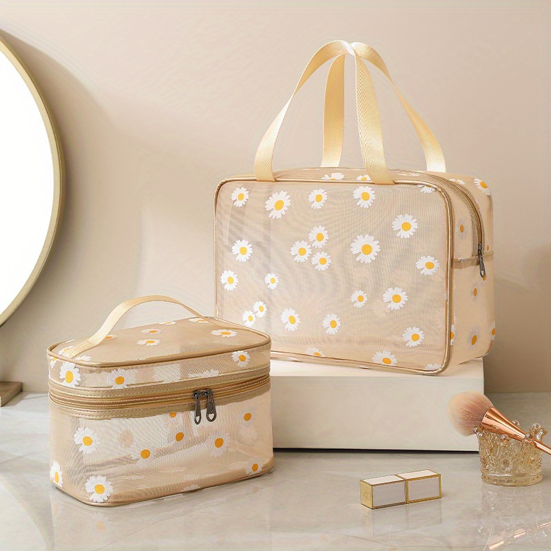 daisy pattern mesh bag portable zipper makeup bag large summer beach toiletry wash bag details 0